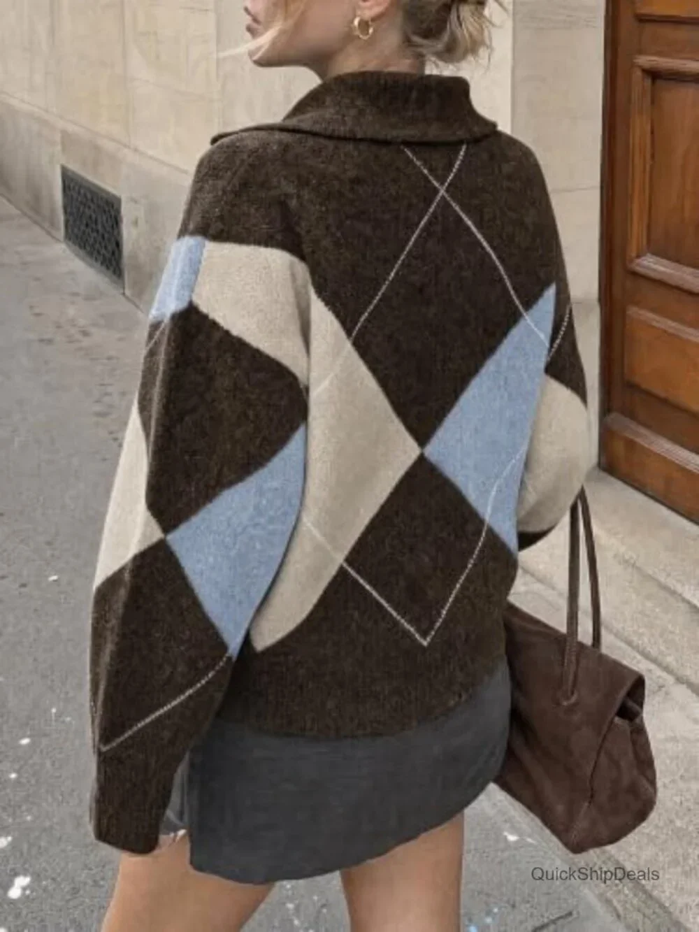Collared V Neck Argyle Knit Pullover Sweater Long Sleeve Acrylic Blend